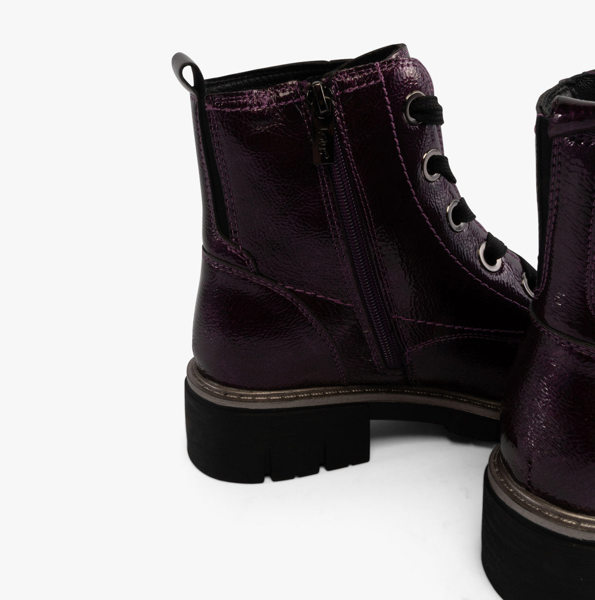 Lotus JOJO Womens Boots Purple side view showcasing patent leather upper and lace-up design.