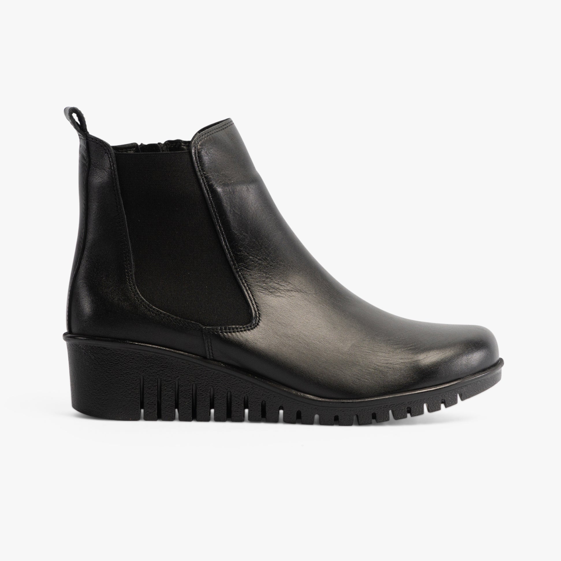 Lotus DRESDEN Womens Boots Black side view with elasticated side panel and wedge heel.
