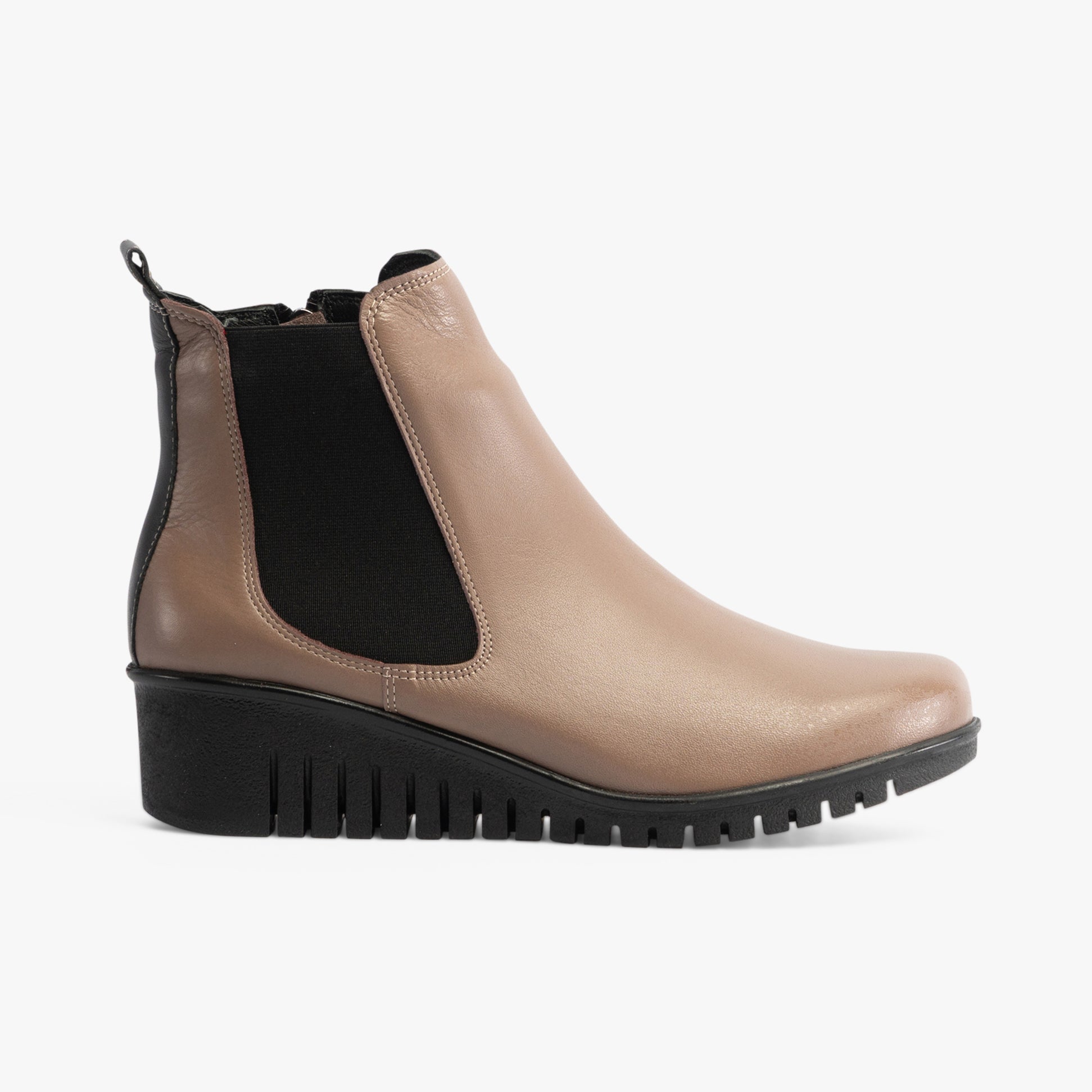 Lotus DRESDEN Womens Boots Clay side view, leather ankle boots with elasticated side panel and wedge heel.