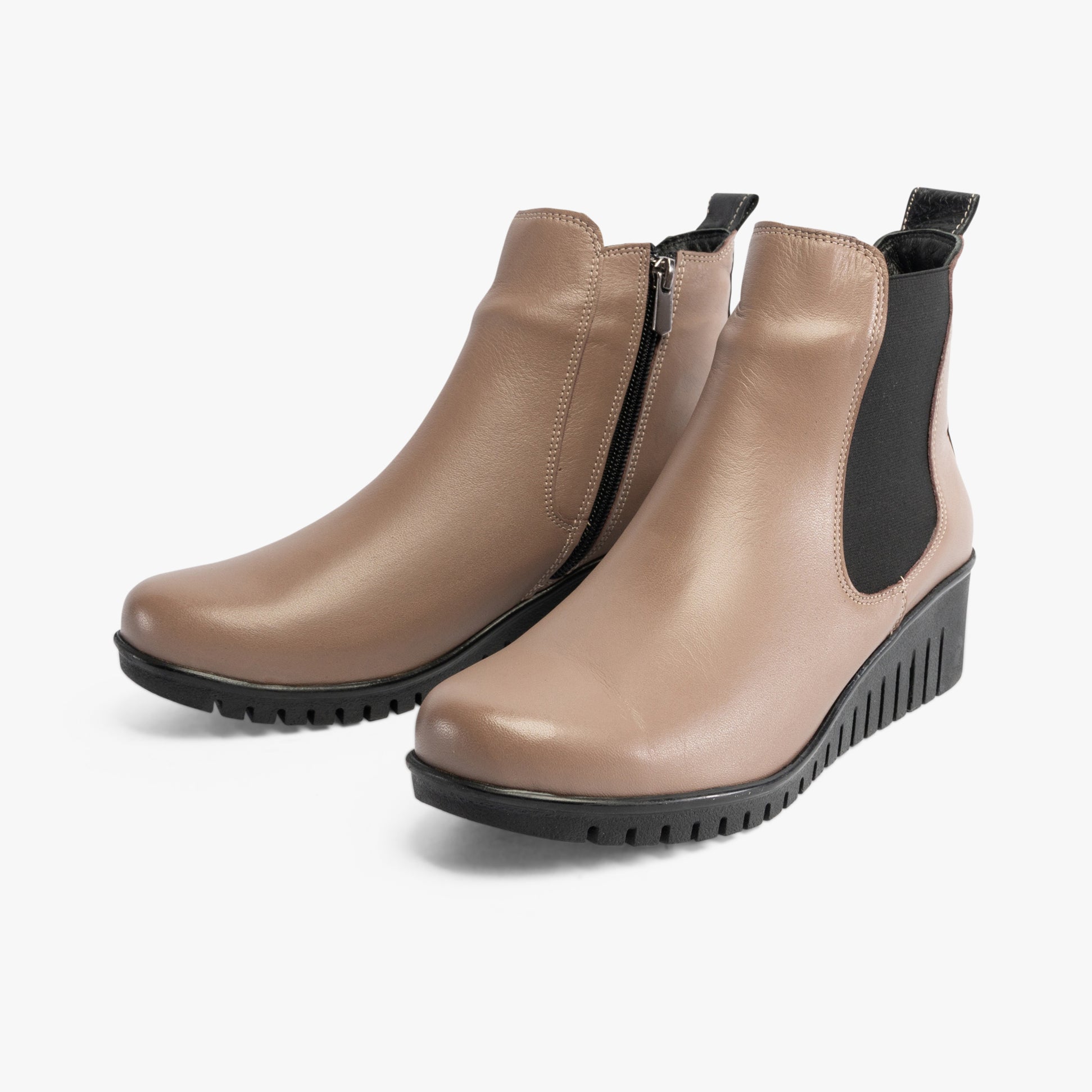 Lotus DRESDEN Womens Boots Clay side view showing ankle height, leather upper, zip closure, and wedge heel.