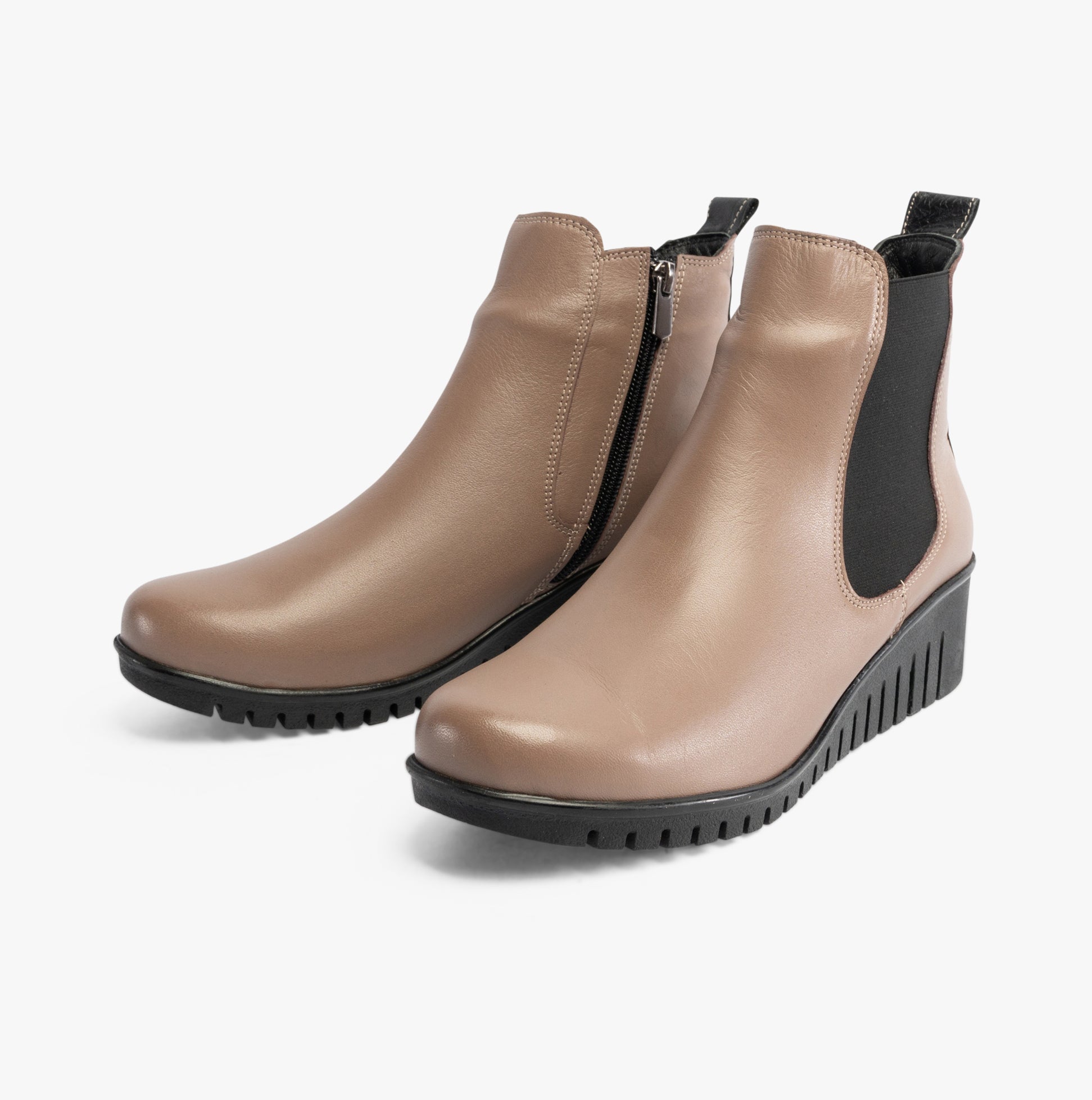 Lotus DRESDEN Womens Boots Clay side view showing ankle height, leather upper, zip closure, and wedge heel.