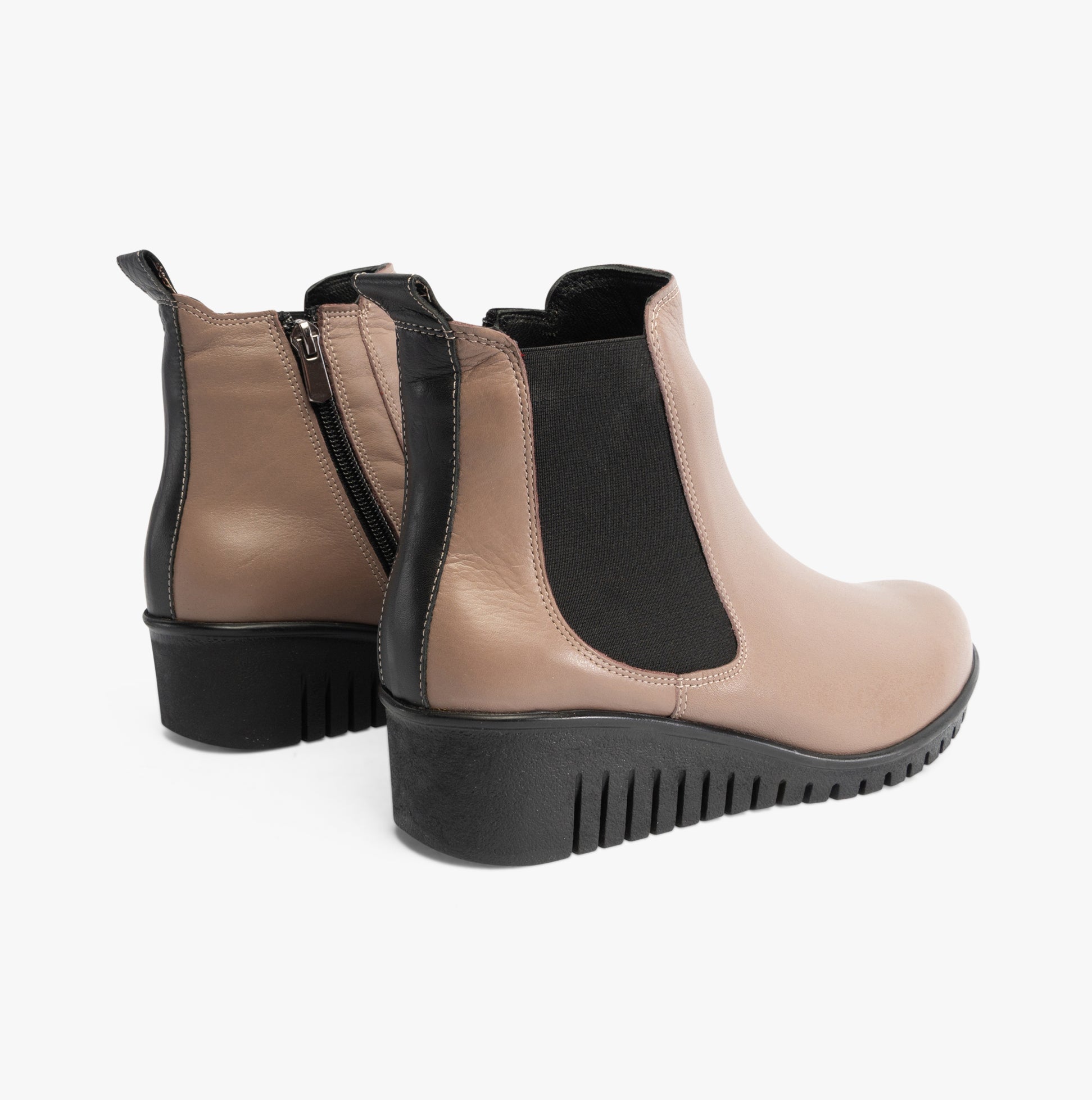 Lotus DRESDEN Womens Boots Clay back view showing leather upper, elasticated side panel, and wedge heel.