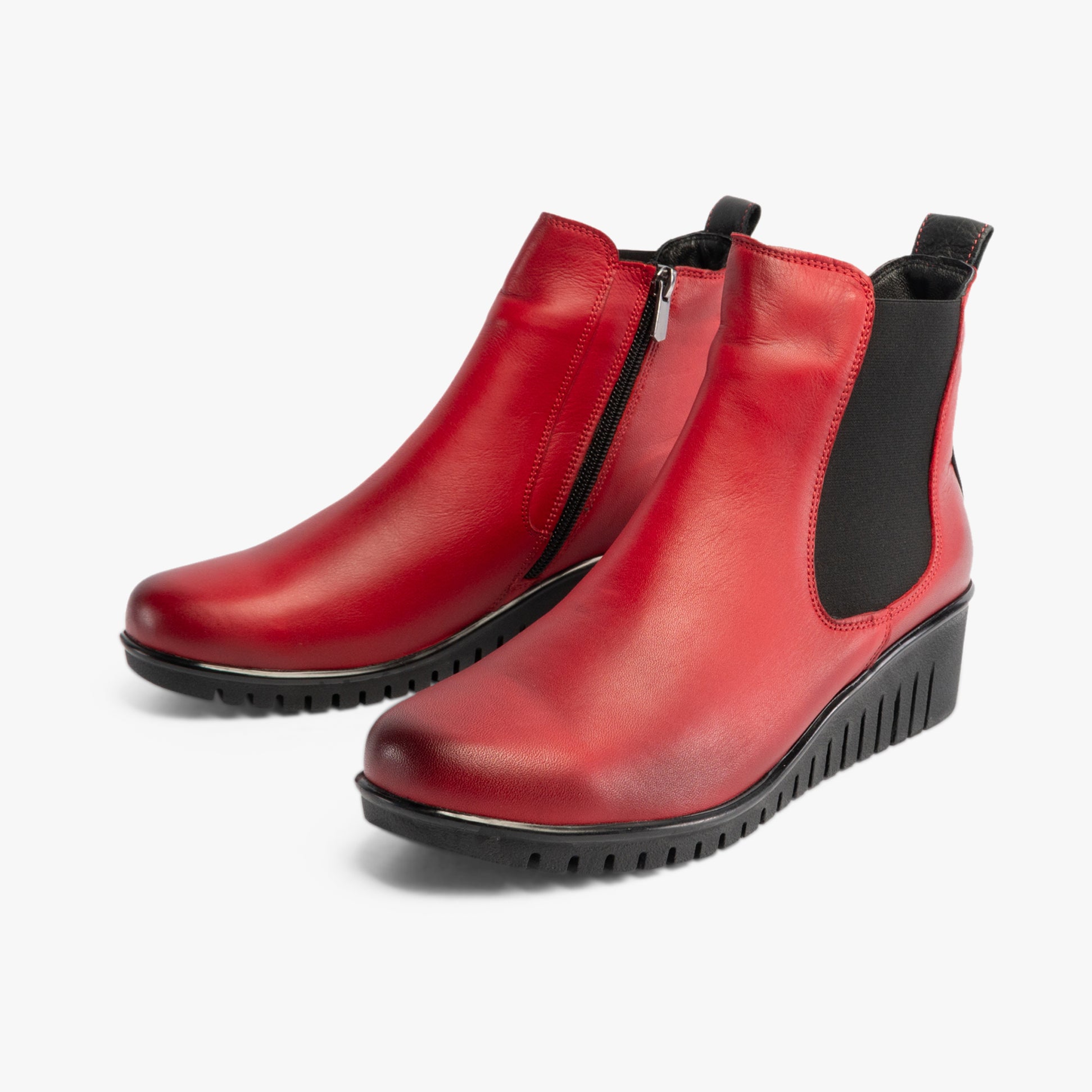 Lotus DRESDEN Womens Boots Red side view featuring leather upper, elasticated side panel, and wedge heel.