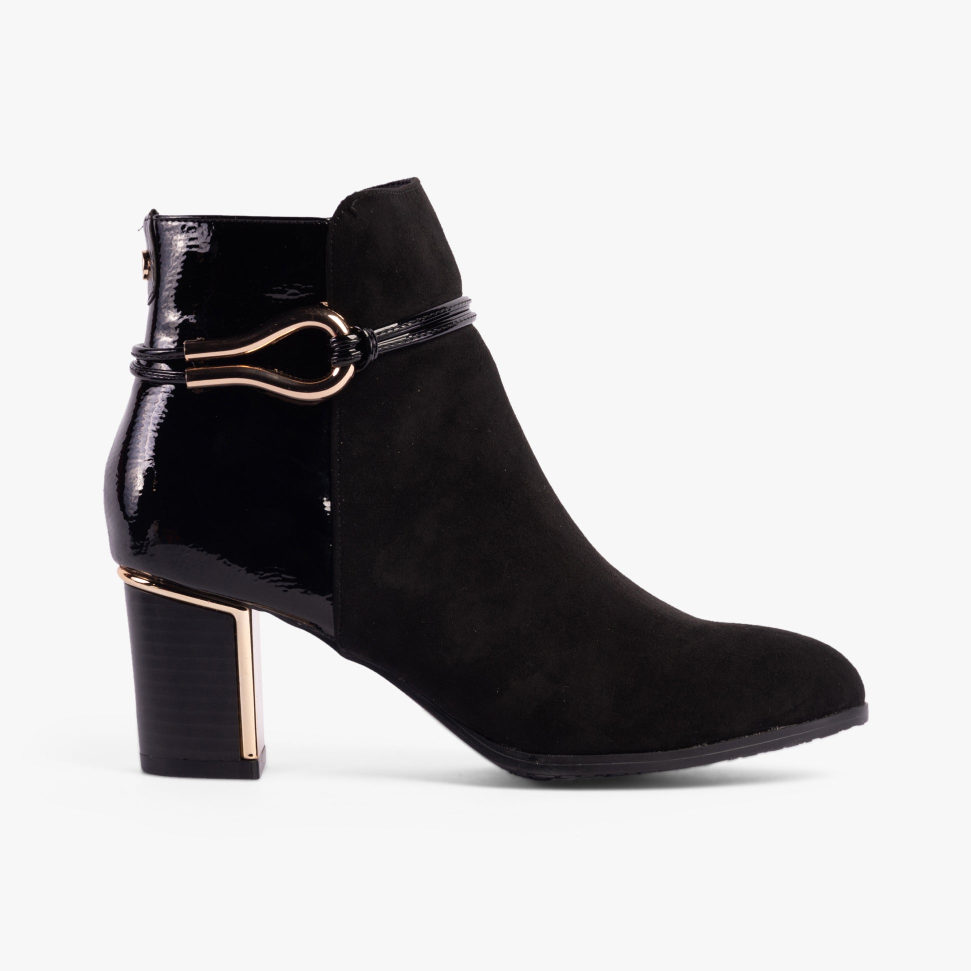 Lotus EBONY Womens Boots Black side view, ankle boots in suede and patent finish with block heel.