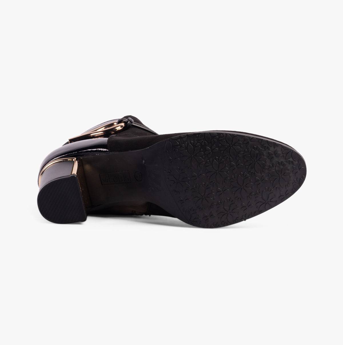 Lotus EBONY Womens Boots Black bottom view with rubber sole and block heel, showcasing comfort and style.