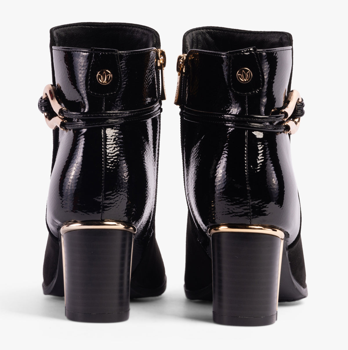 Lotus EBONY Womens Boots Black back view featuring a shiny patent finish and block heel.