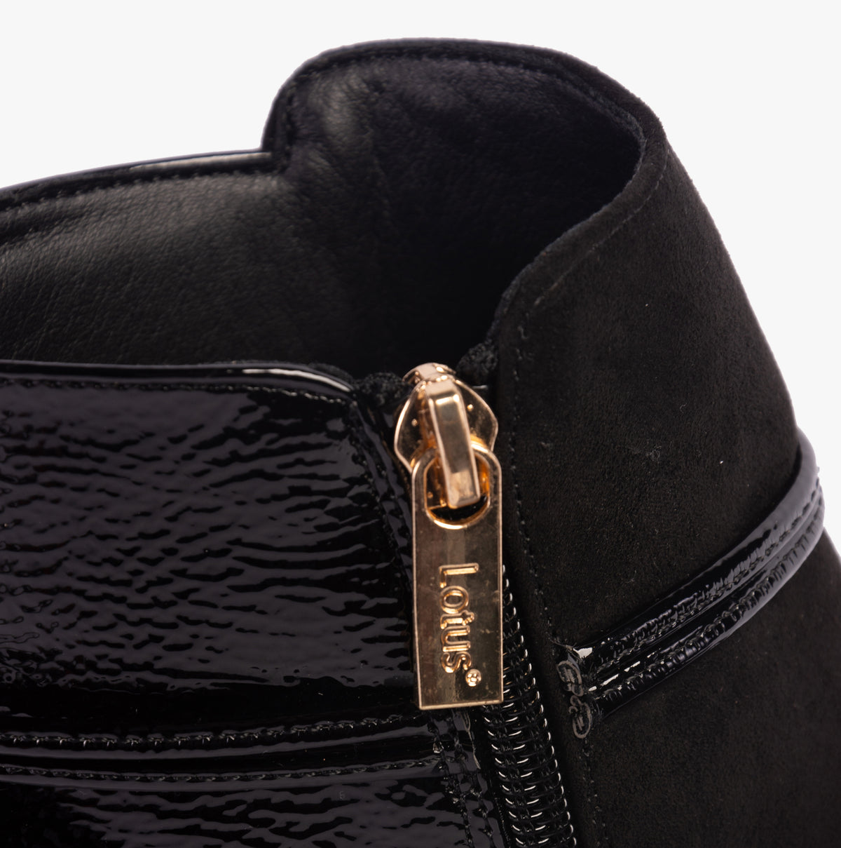 Lotus EBONY Womens Boots Black detail view of zip closure and suede upper.