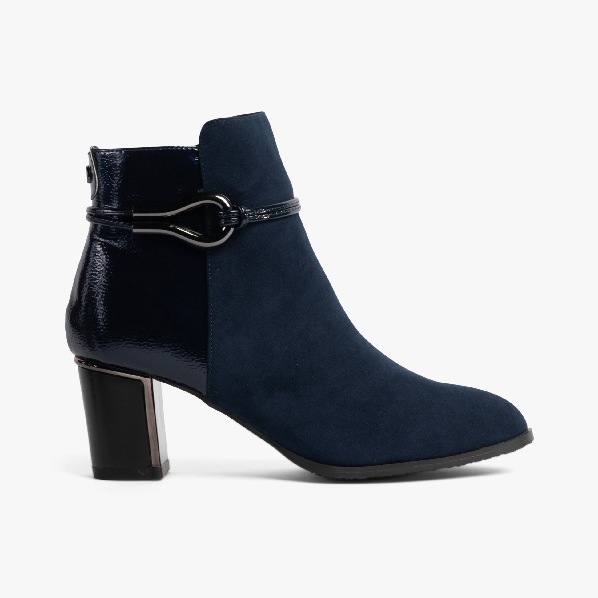 Lotus EBONY Womens Boots Navy side view showcasing suede and patent finish with block heel.