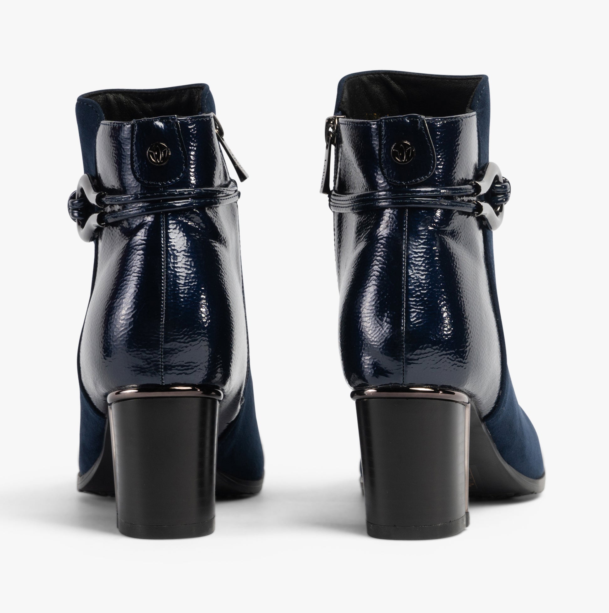 Lotus EBONY Womens Boots Navy back view showcasing glossy upper and block heel.