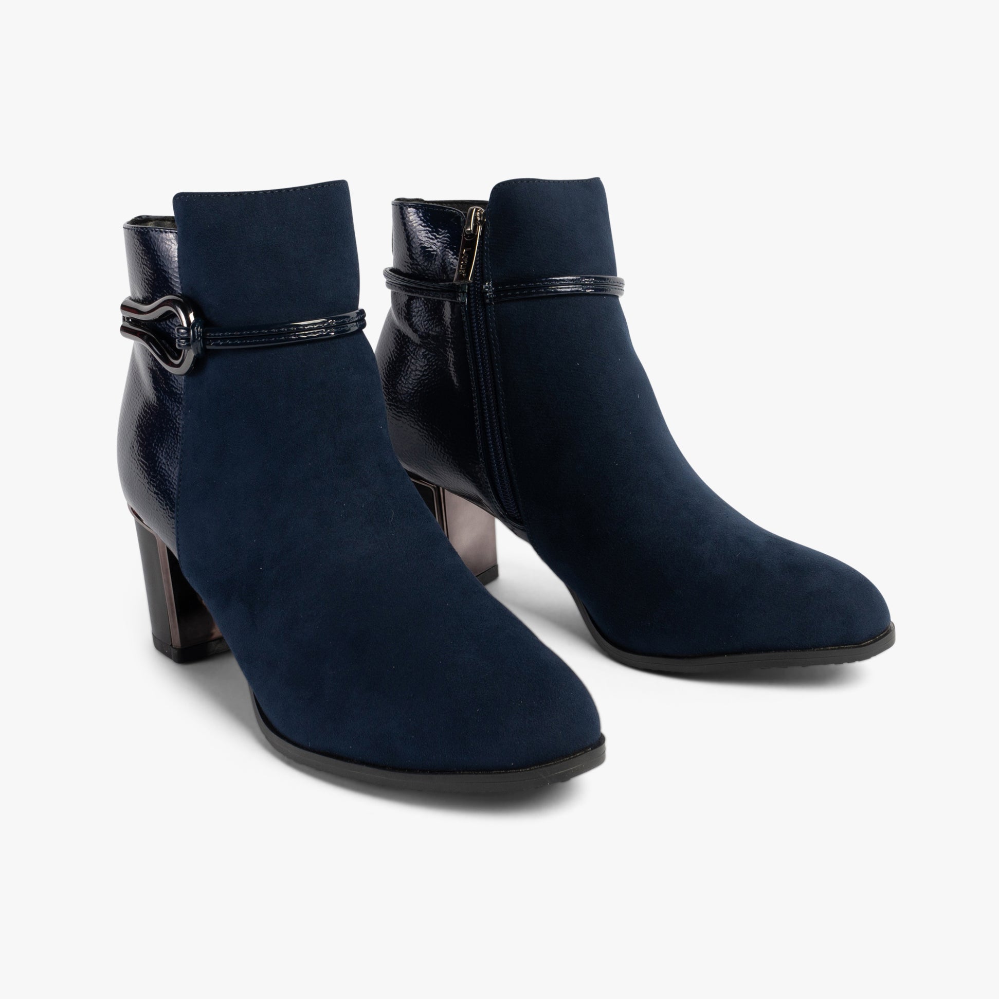Lotus EBONY Womens Boots Navy side view featuring suede upper, block heel, and zip closure for stylish comfort.