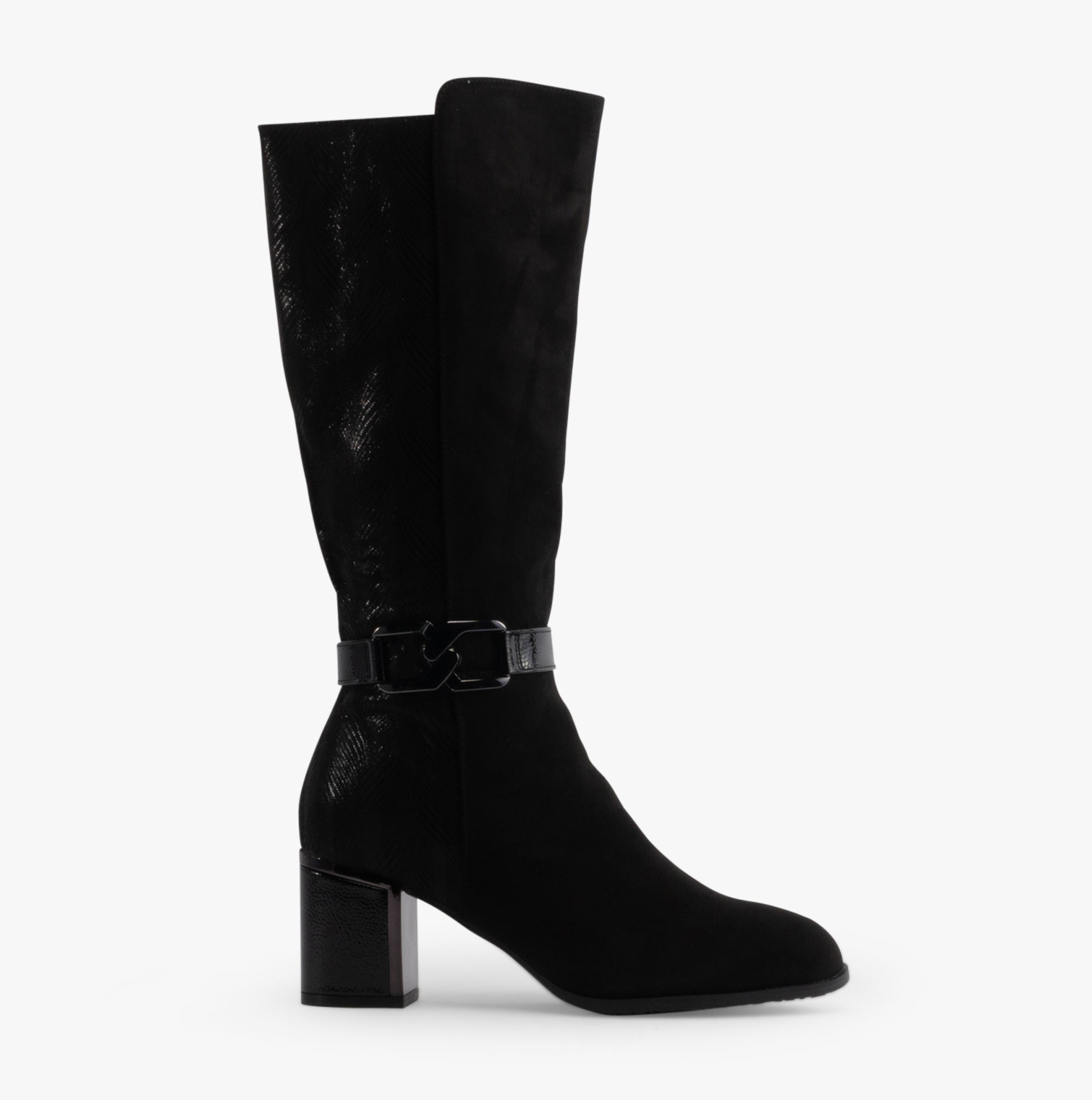 Lotus ELSA Womens Boots Black side view featuring tall suede upper and block heel.