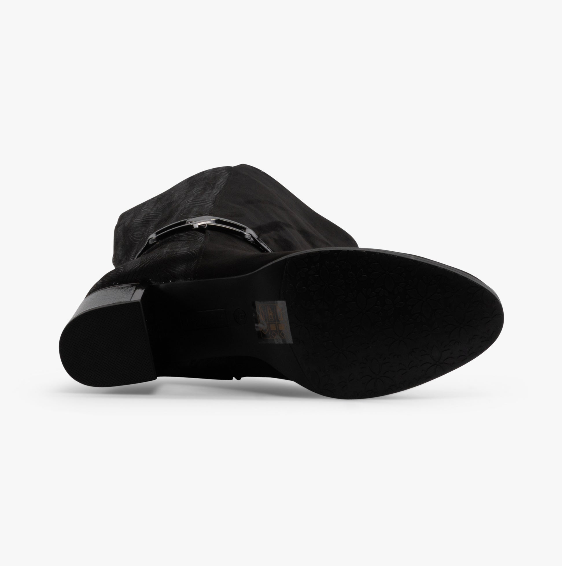 Lotus ELSA Womens Boots Black bottom view showing rubber sole and block heel design.