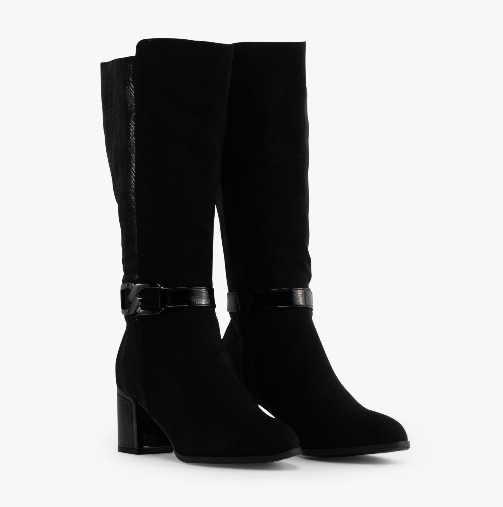 Lotus ELSA Womens Boots Black side view showcasing tall suede design and block heel.