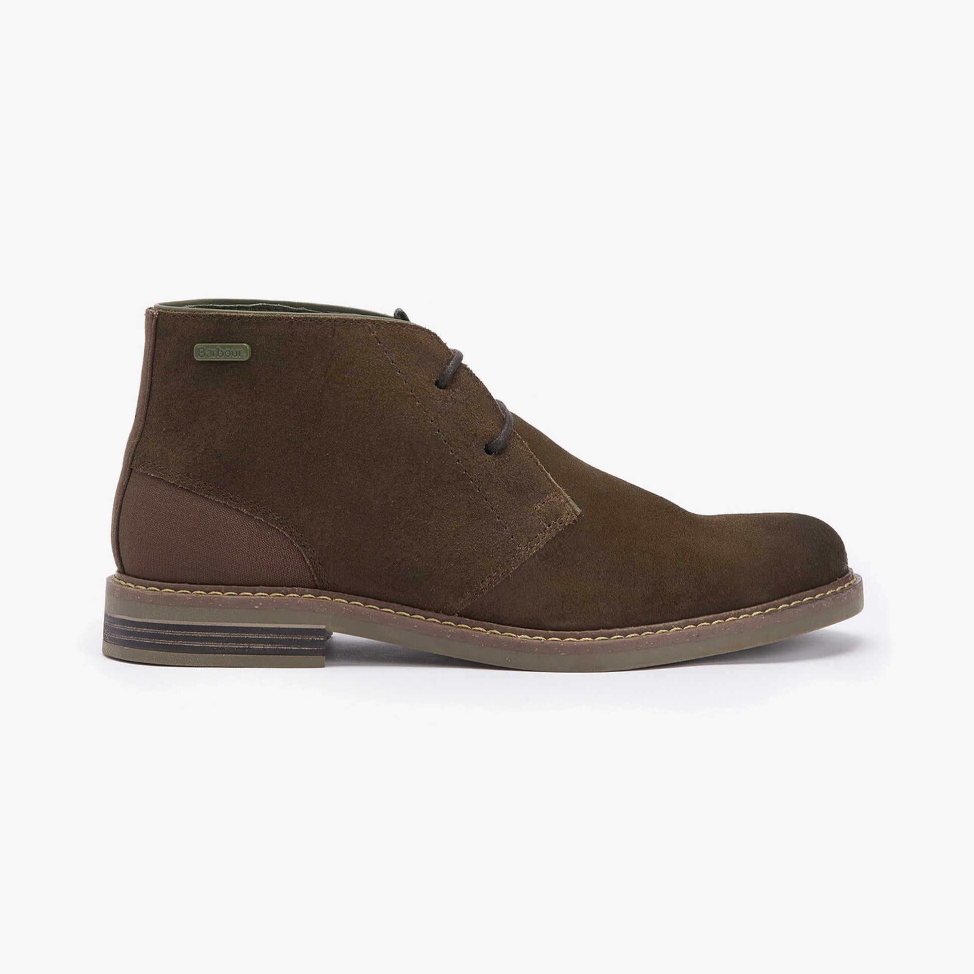 Barbour READHEAD Mens Chukka Boots Khaki side view showing leather textile upper, lace-up closure, and block heel.