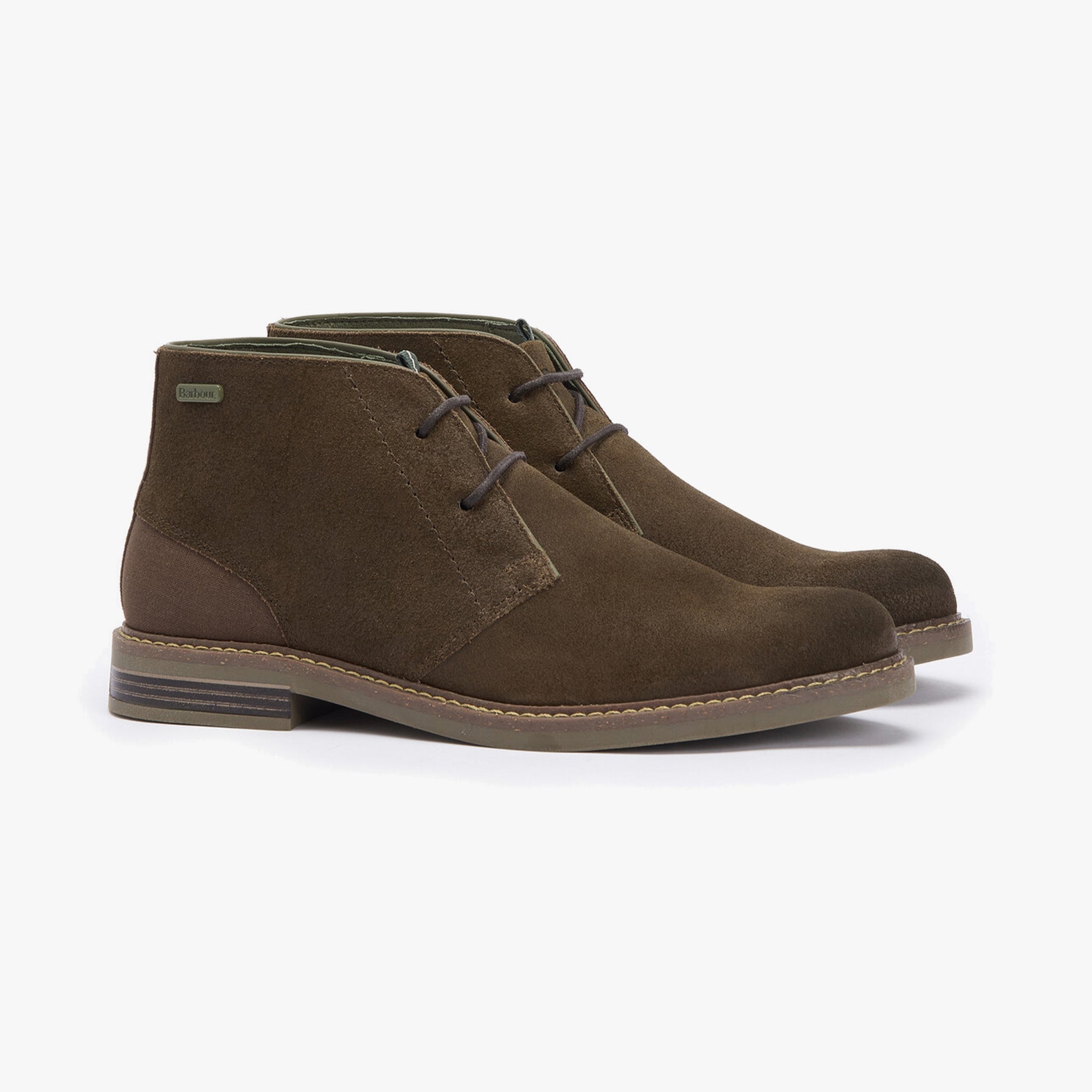 Barbour READHEAD Mens Chukka Boots Khaki side view showcasing leather and textile upper with lace-up closure.