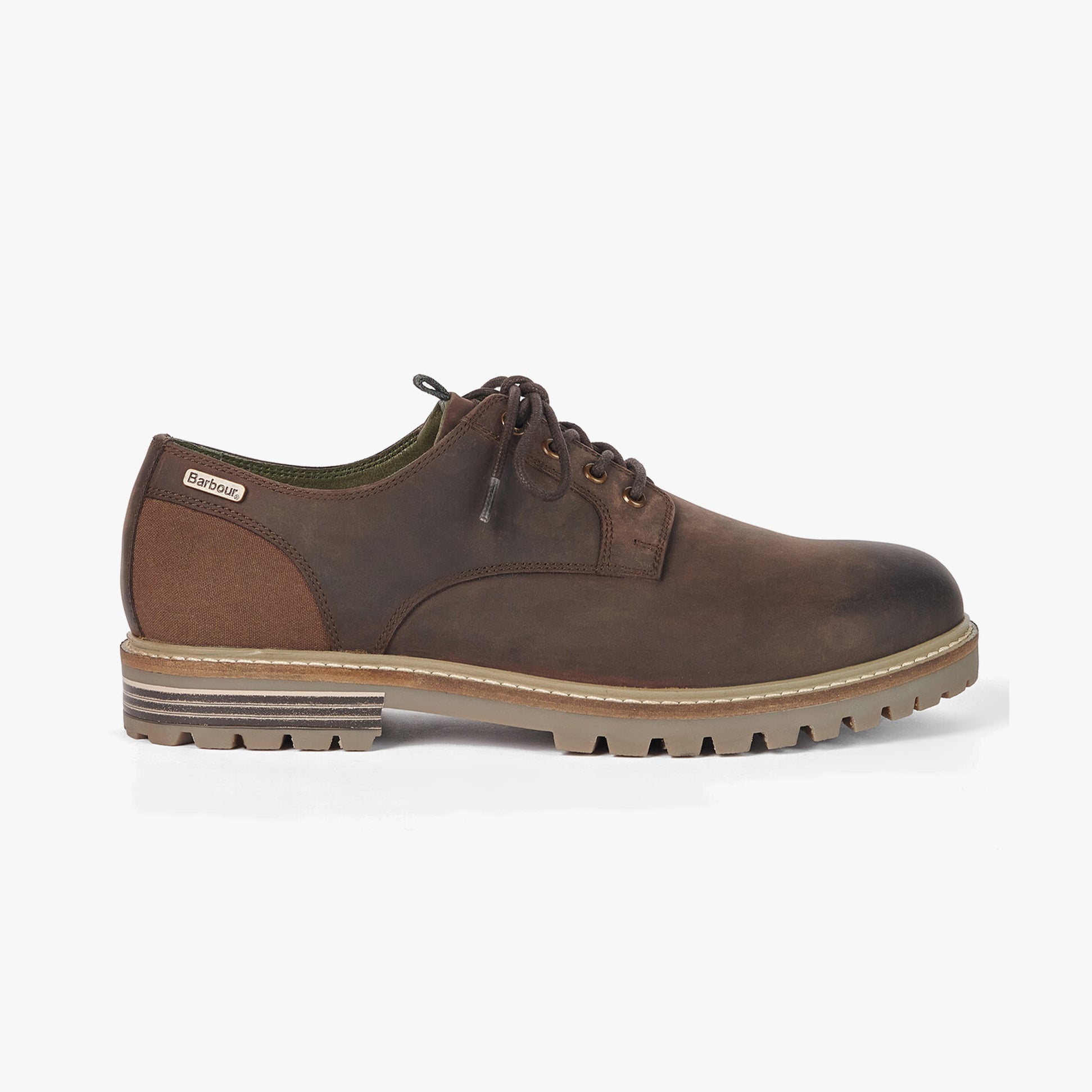 Barbour SANDSTONE Mens Derby Shoes Choco side view showcasing leather upper and rubber sole, lace-up closure.