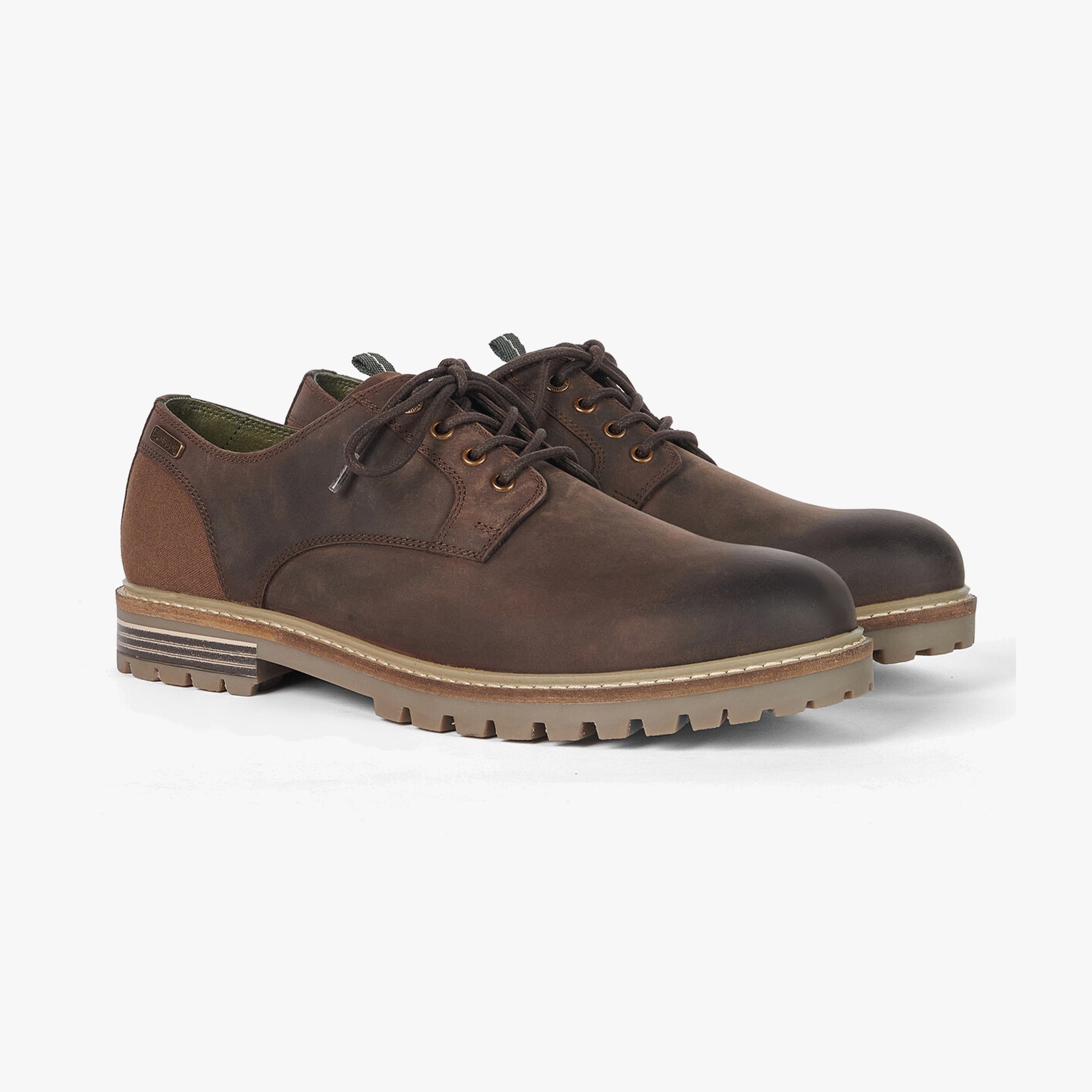Barbour SANDSTONE Mens Derby Shoes Choco side view showing leather upper and block heel.