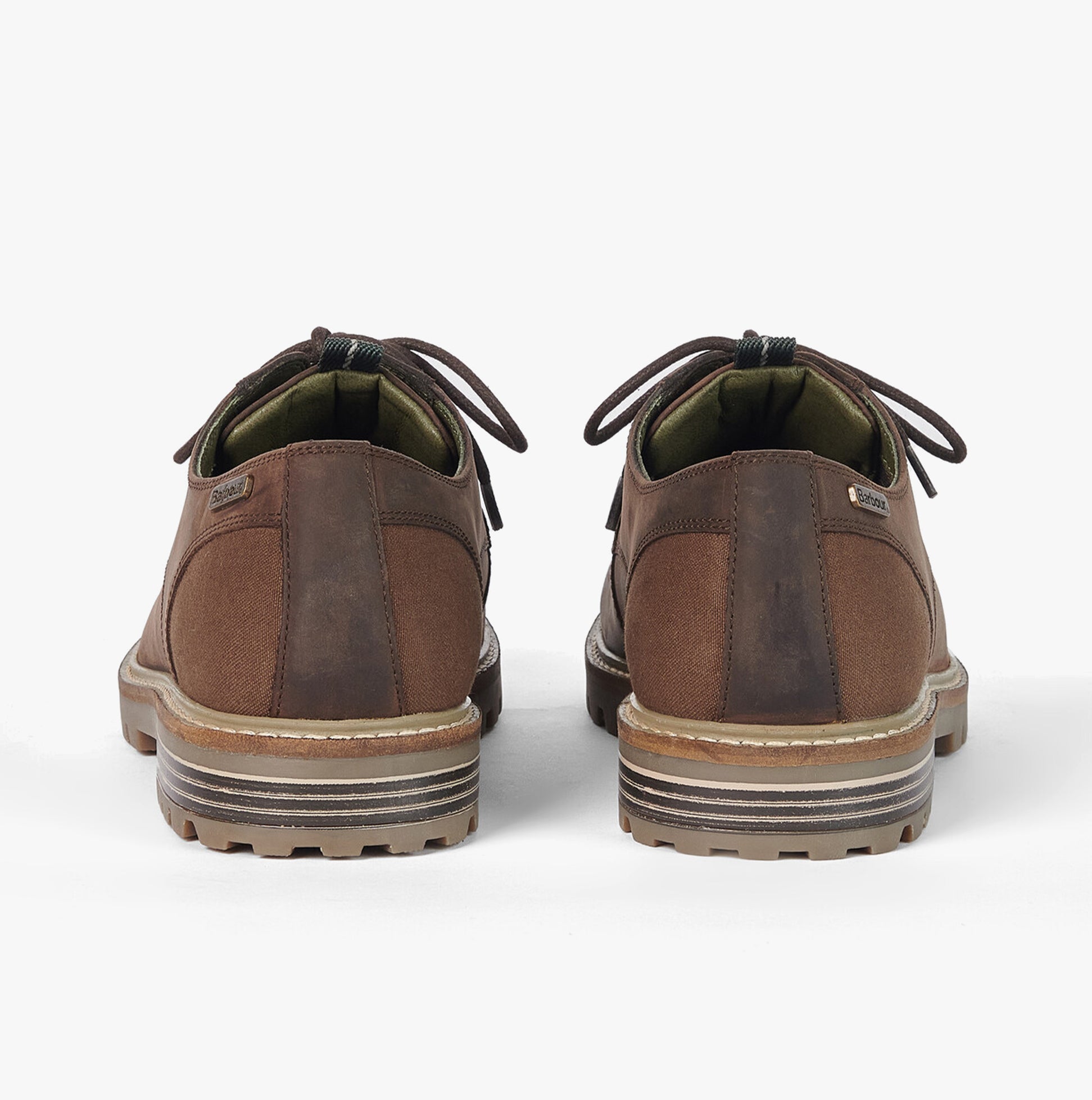 Barbour SANDSTONE Mens Derby Shoes Choco rear view showing brown leather and textile finish with lace-up design.