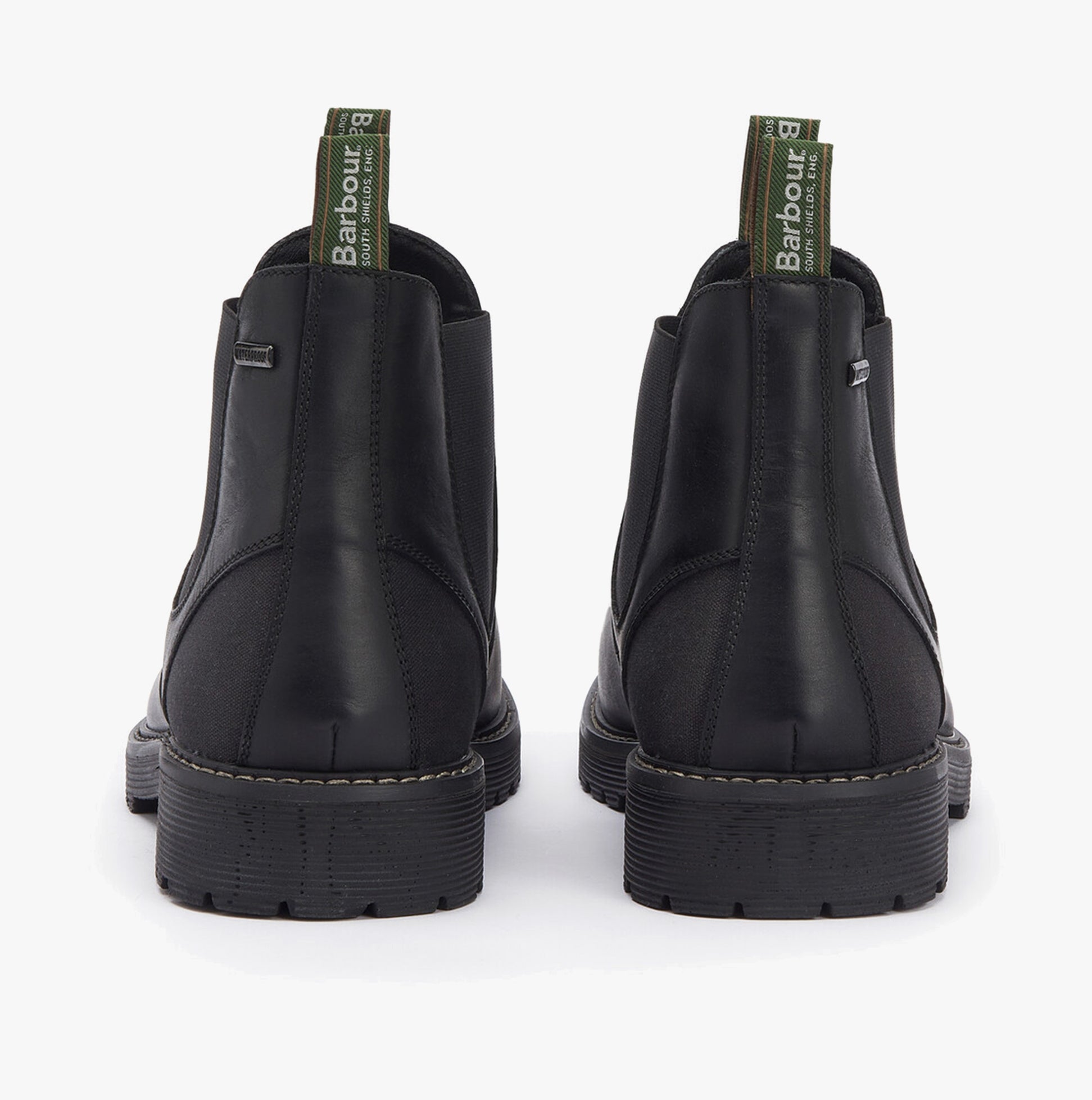 Barbour PATTON Mens Chelsea Boots Black rear view featuring elasticated side panels and black rubber sole.