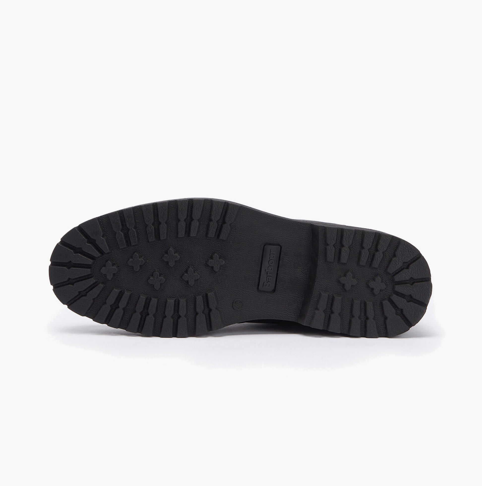 Barbour PATTON Mens Chelsea Boots Black sole view, showcasing rubber sole with tread details.