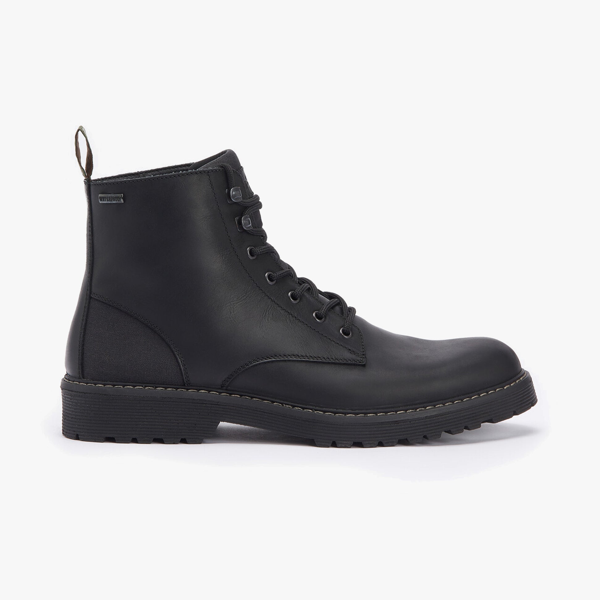 Barbour HARVEY Mens Derby Boots Black side view showcasing leather material and lace-up design.