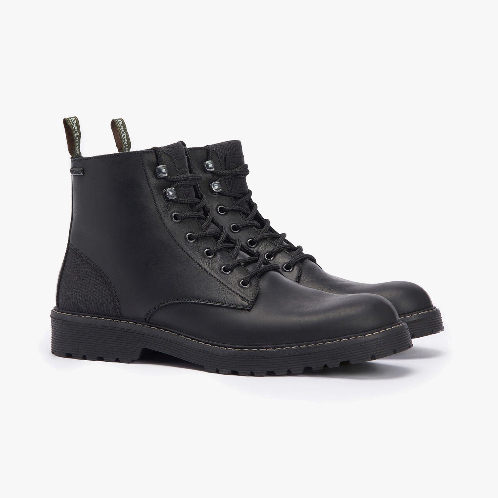 Barbour HARVEY Mens Derby Boots Black side view showcasing leather upper, lace-up closure, and block heel.