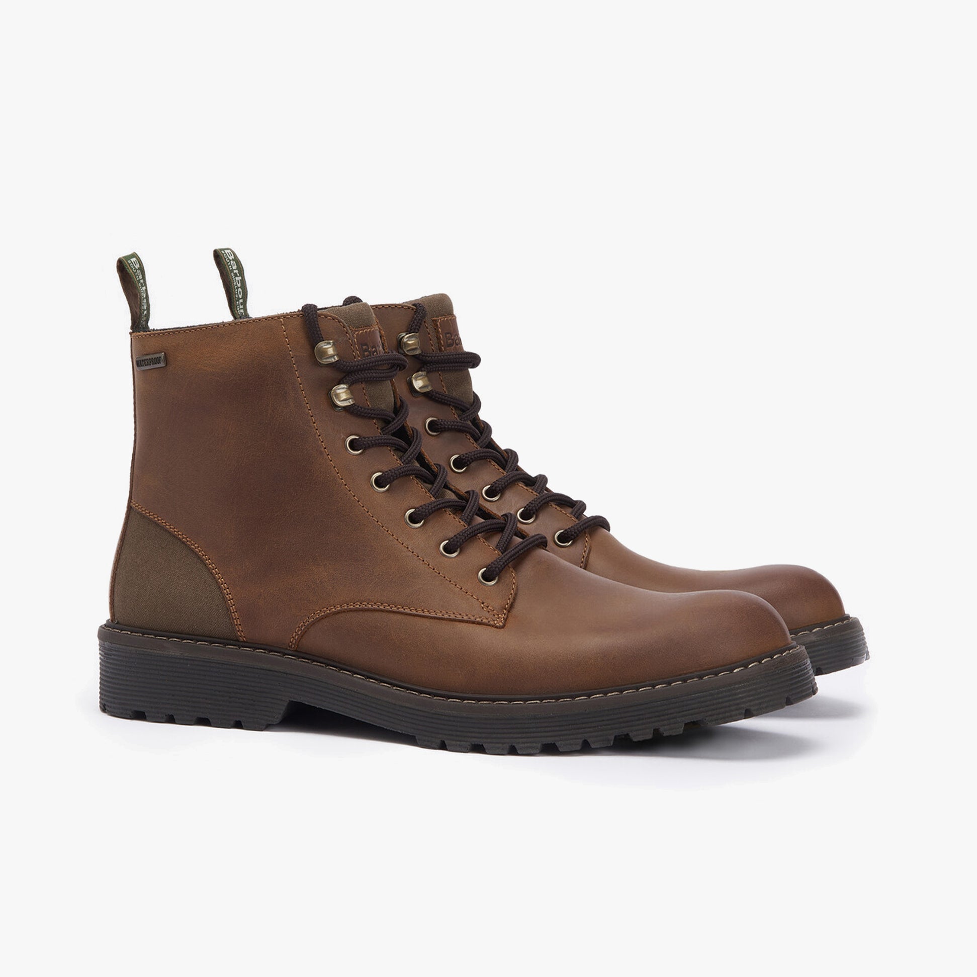 Barbour HARVEY Mens Derby Boots Teak side view featuring leather upper and lace-up design.