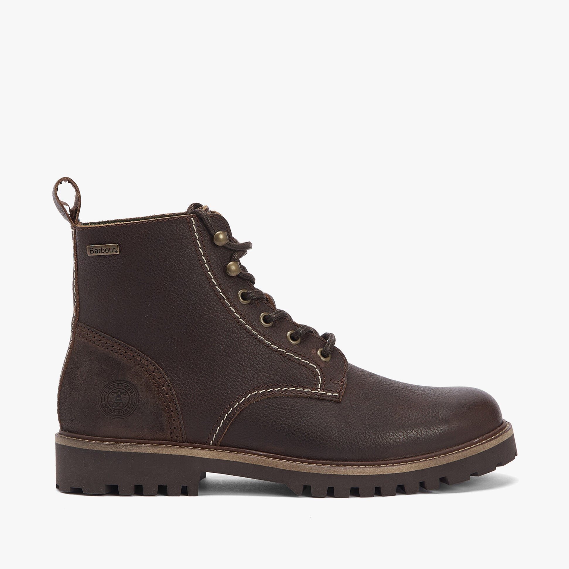 Barbour FOGGY Mens Derby Boots Brown side view showcasing leather upper and lace-up closure.