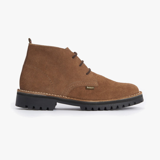 Side view of Barbour HOBART Mens Chukka Boots Taupe in suede with lace-up design and rubber sole.