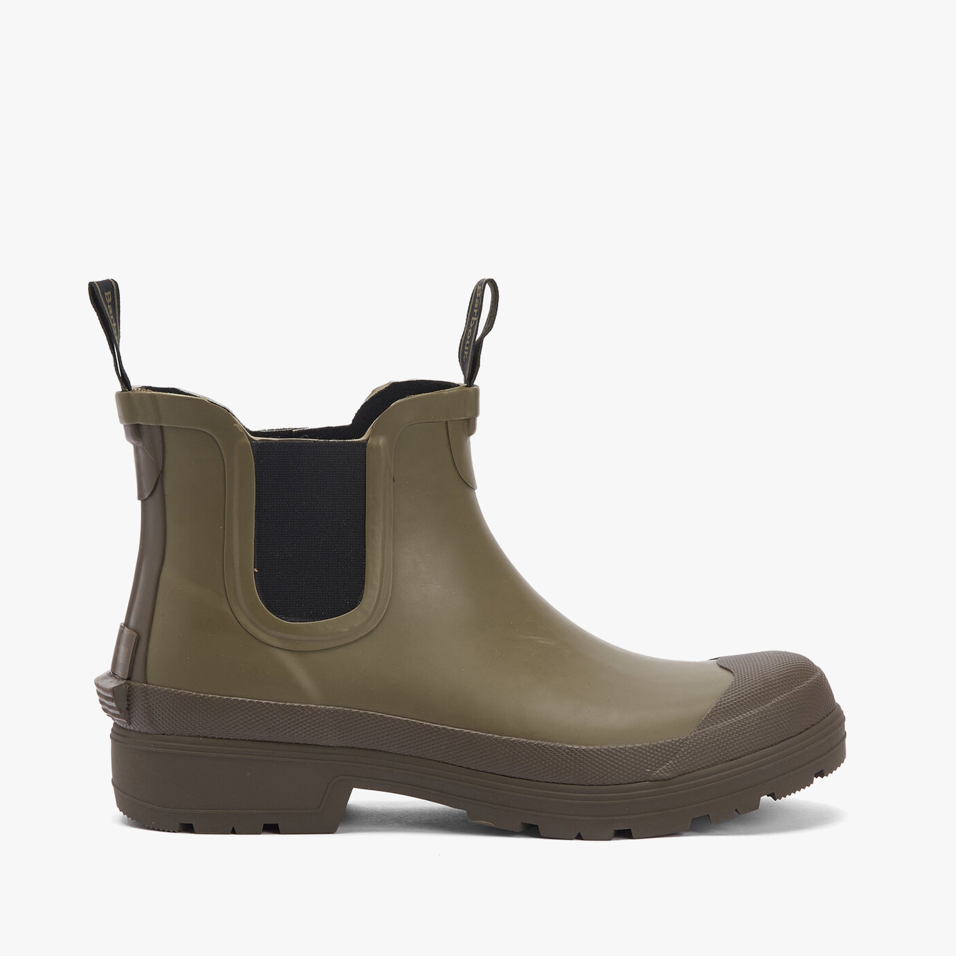 Barbour STORM Mens Chelsea Wellies Olive/Olive side view of pull-on ankle boots with rubber sole.