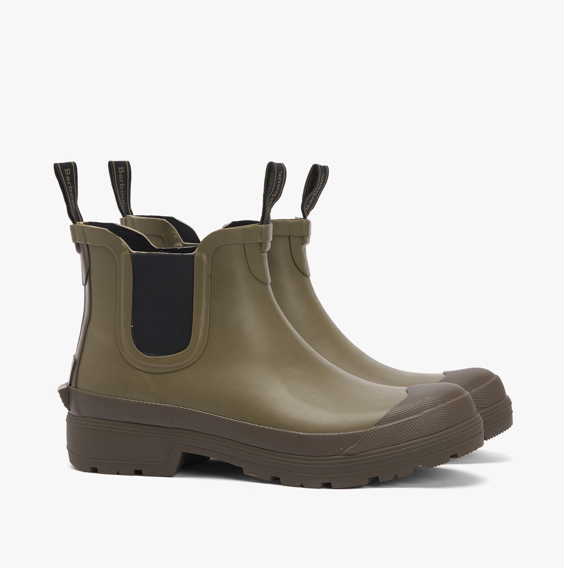 Barbour STORM Mens Chelsea Wellies Olive/Olive side view showing comfortable pull-on ankle length design.