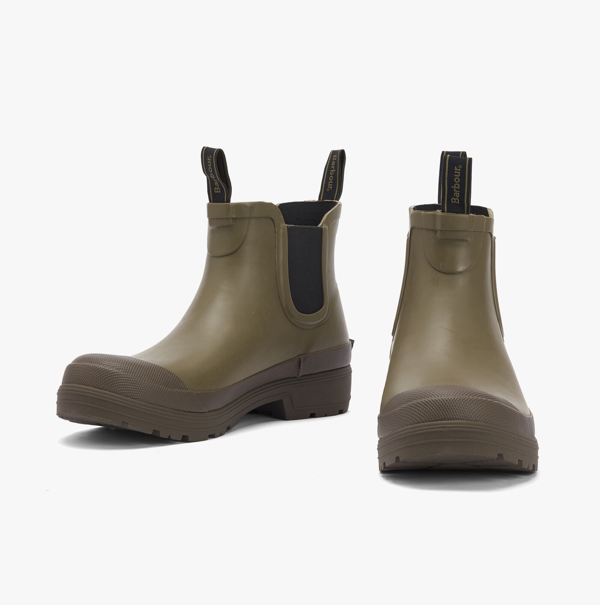 Barbour STORM Mens Chelsea Wellies Olive/Olive side view features synthetic upper and block heel design