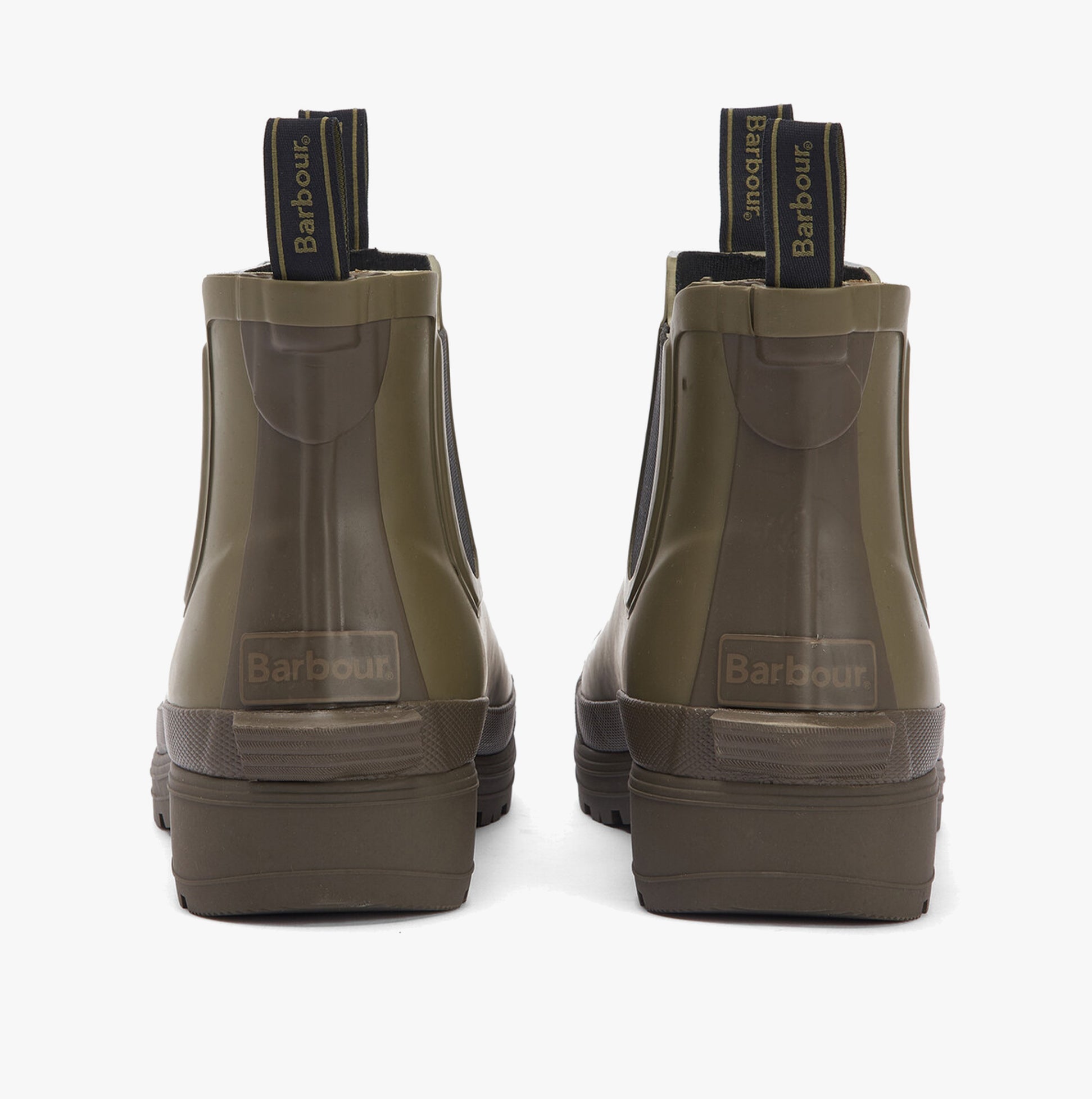 Barbour STORM Mens Chelsea Wellies Olive/Olive back view showcasing synthetic rubber construction and pull-on design.