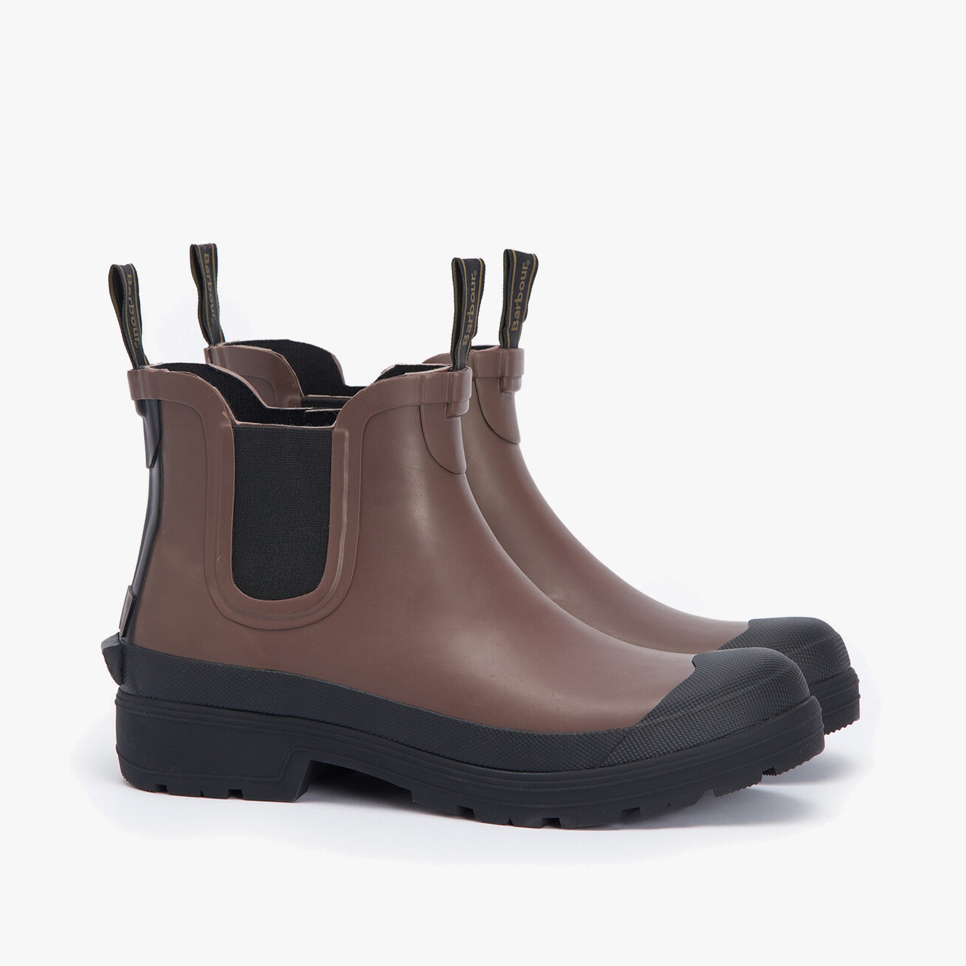 Barbour STORM Mens Chelsea Wellies Dark Sand/Black side view showing synthetic/rubber upper and block heel.