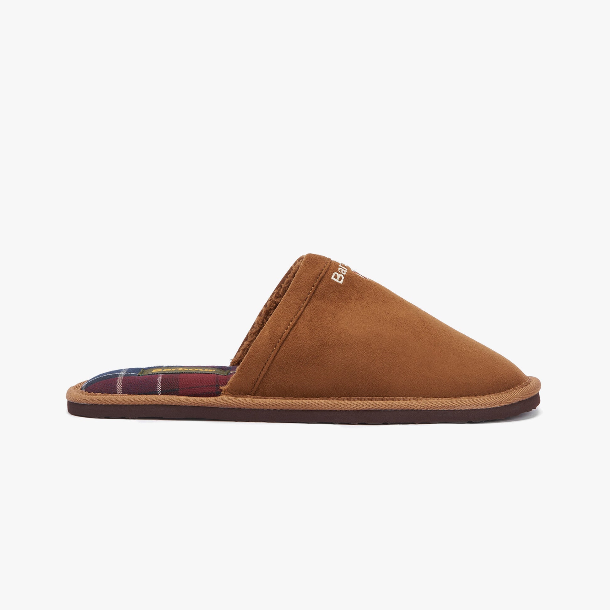 Barbour EVERITT Mens Mule Slippers Camel side view showcasing soft microfibre upper and comfortable slip-on design.