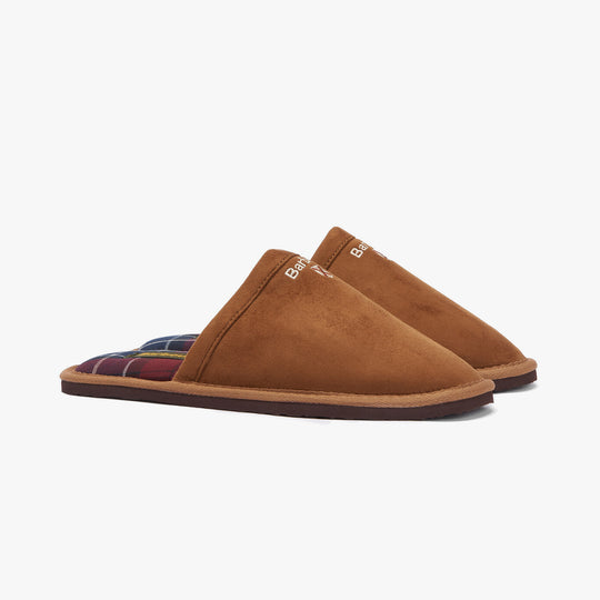 Barbour EVERITT Mens Mule Slippers Camel side view showcasing soft camel microfibre upper and slip-on design.