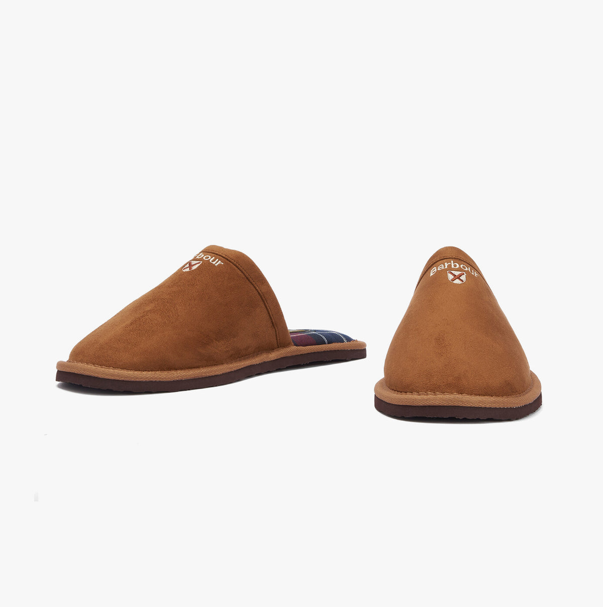 Barbour EVERITT Mens Mule Slippers Camel side view showing soft microfibre upper and slip-on design.