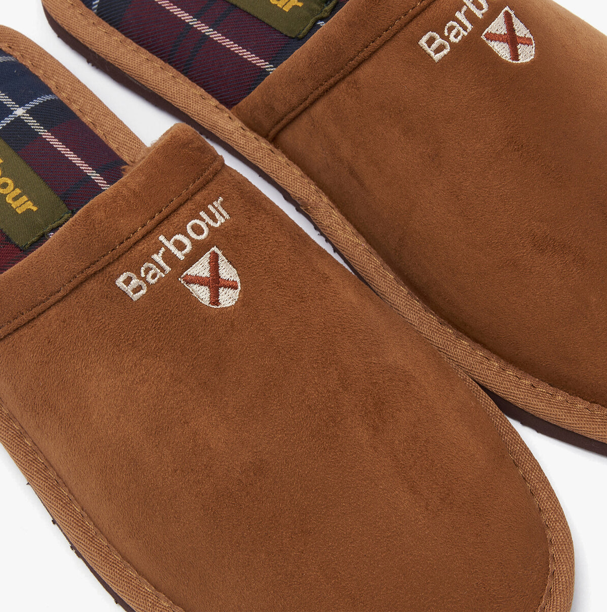 Barbour EVERITT Mens Mule Slippers Camel top detail view showing microfibre upper and plaid lining