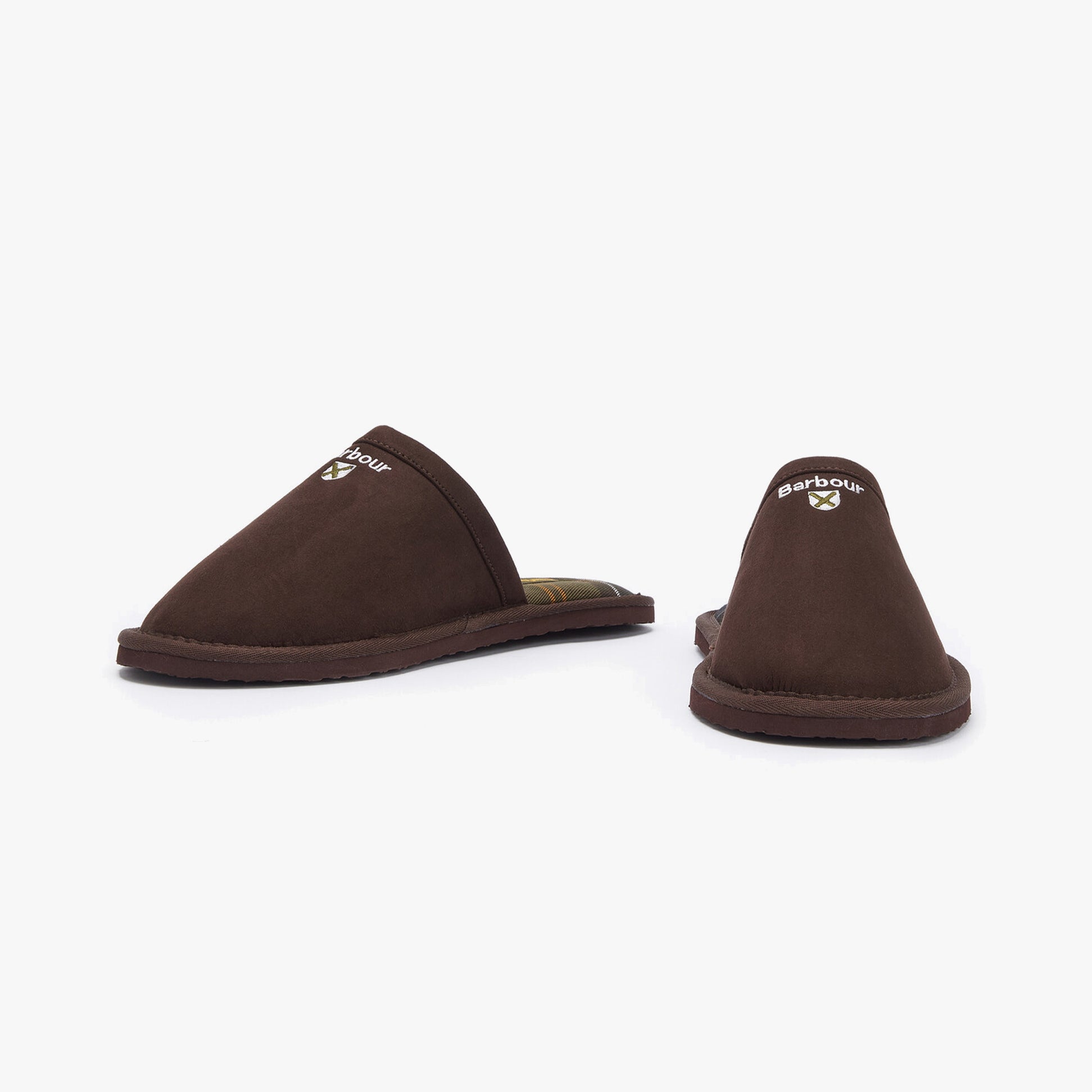 Barbour EVERITT Mens Mule Slippers Brown side and back view showcasing the slip-on design and soft brown microfibre upper.