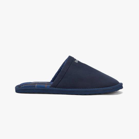 Barbour EVERITT Mens Mule Slippers Navy side view showing lightweight microfibre upper and slip-on design.
