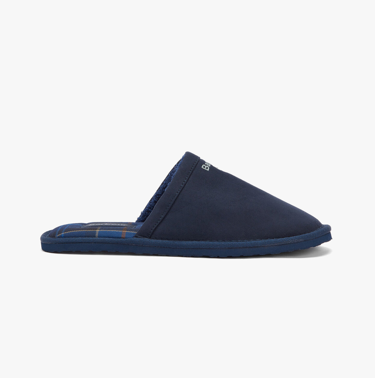 Barbour EVERITT Mens Mule Slippers Navy side view showing lightweight microfibre upper and slip-on design.