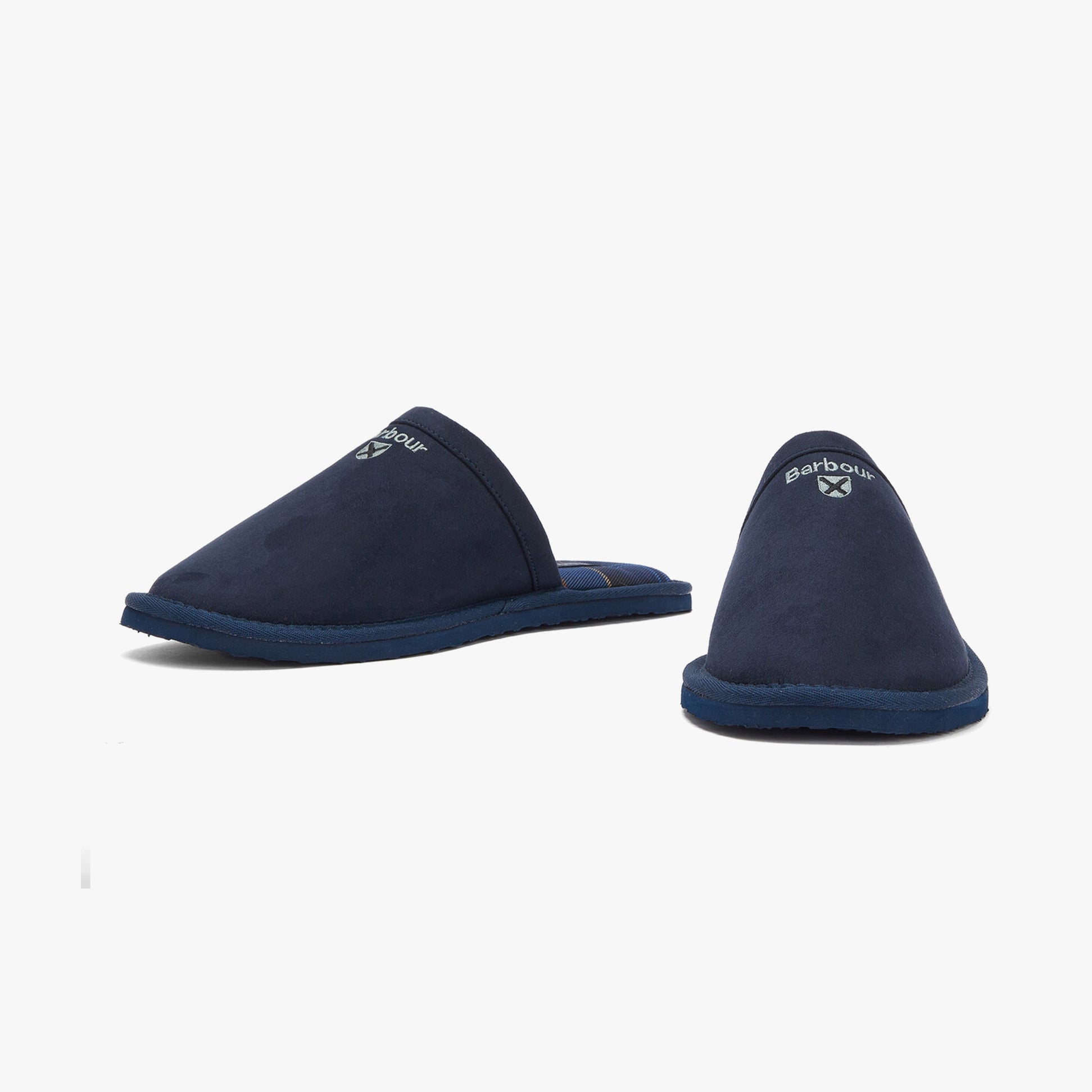 Barbour EVERITT Mens Mule Slippers Navy side view showcasing comfortable slip-on design and round toe.