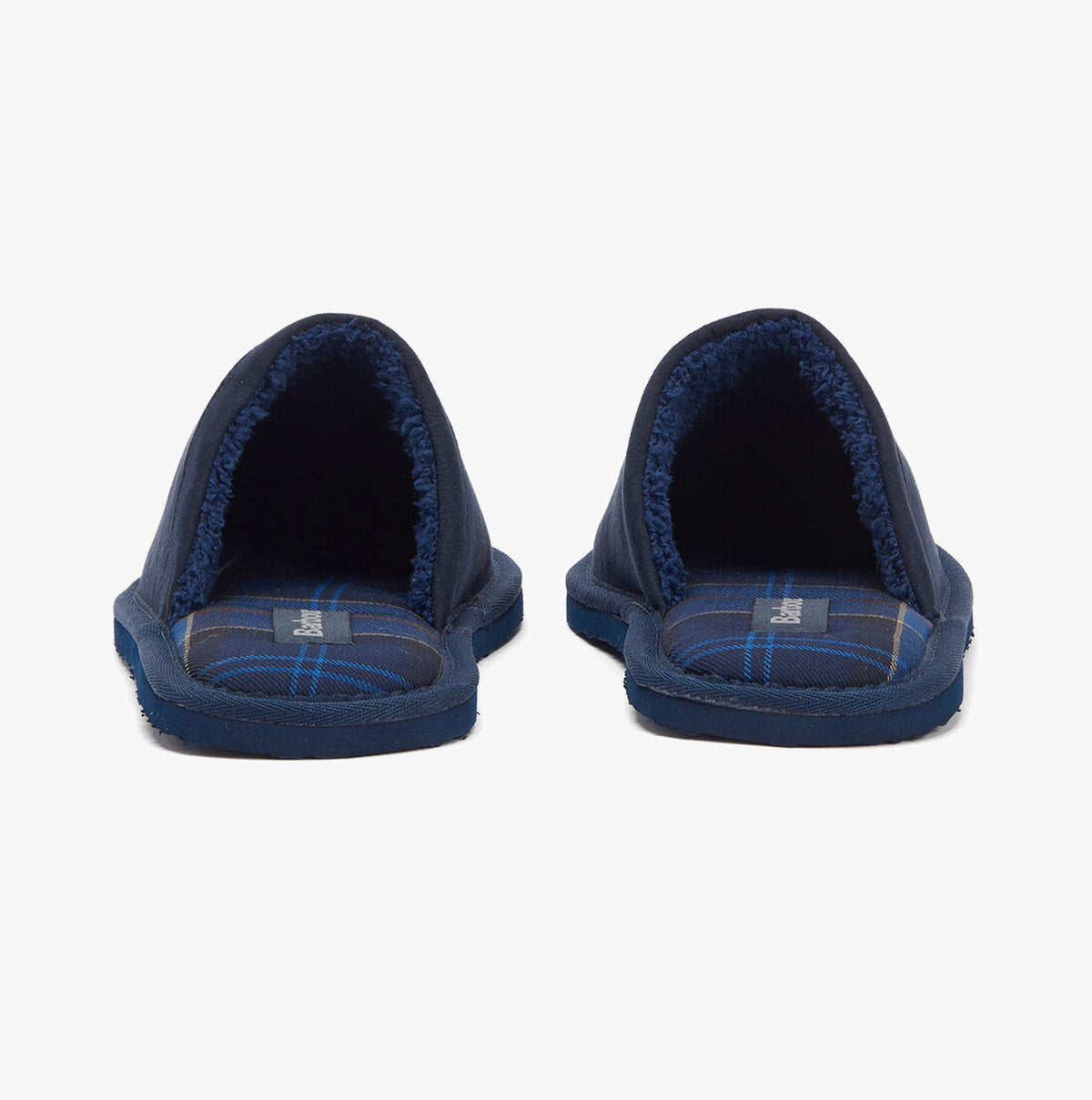 Barbour EVERITT Mens Mule Slippers Navy rear view showcasing the cozy microfibre lining and flat rubber sole.