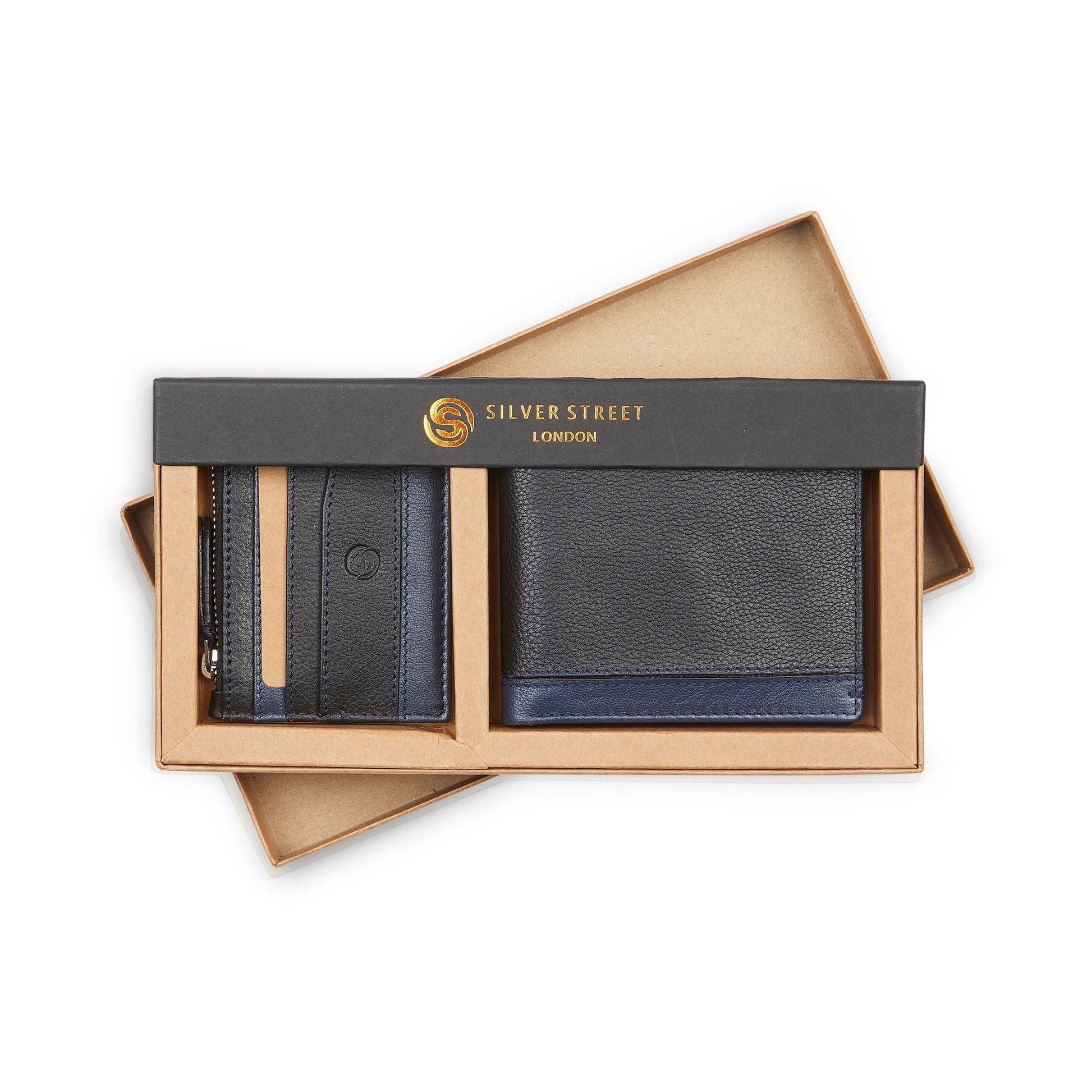 Silver Street London TURIN Mens Wallet Blue in gift box, showing wallet and card holder.