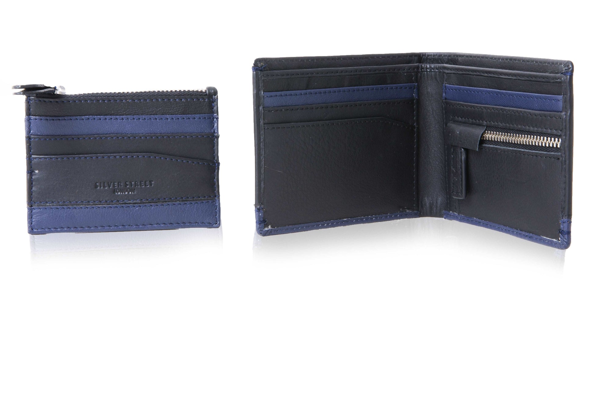 Silver Street London TURIN Mens Wallet Blue front and side view, featuring zip closure and spacious compartments.