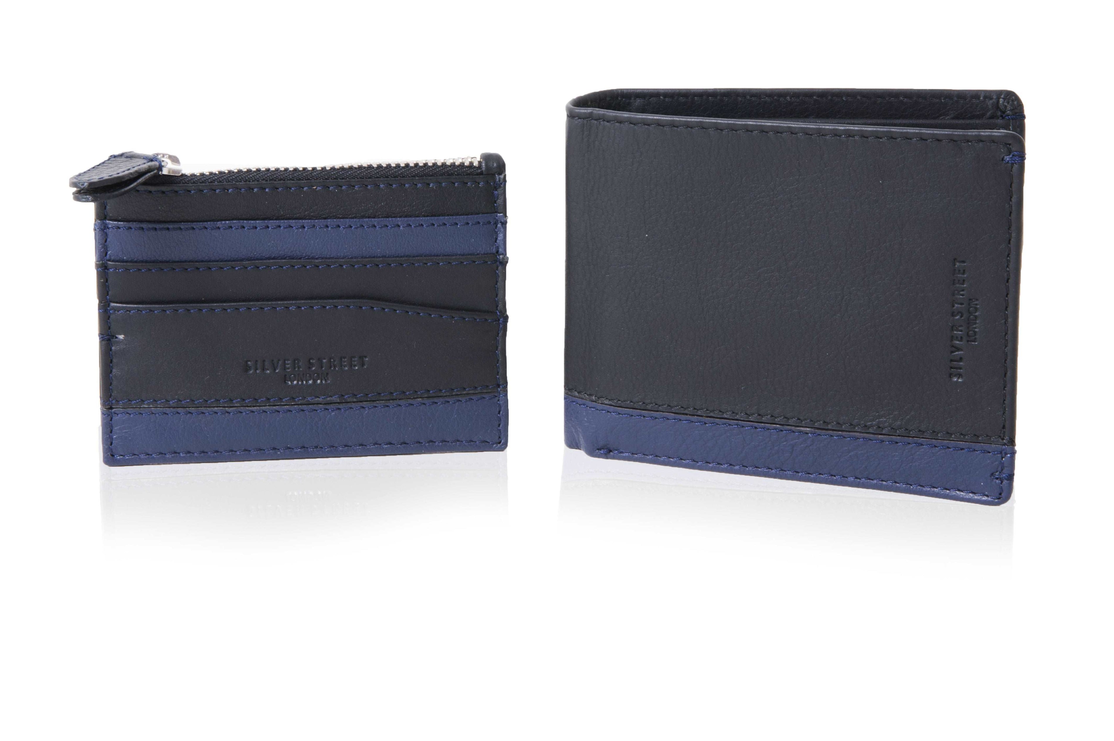 Silver Street London TURIN Mens Wallet Blue front view with zip closure and card holder.