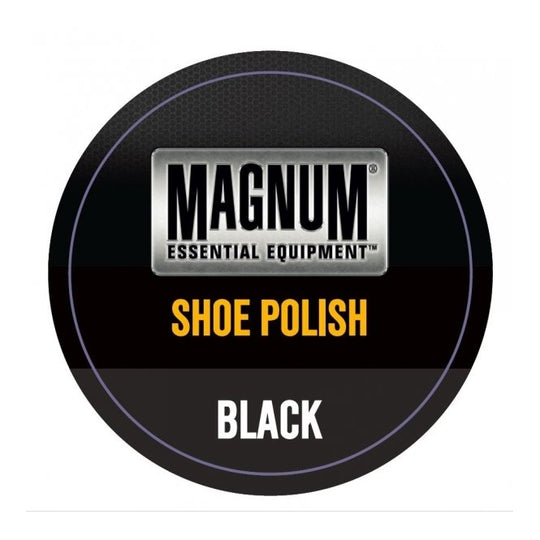 Magnum Shoe Polish 50ml Black label detail view showcasing brand and color.