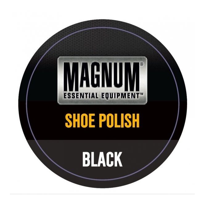Magnum Shoe Polish 50ml Black label detail view showcasing brand and color.