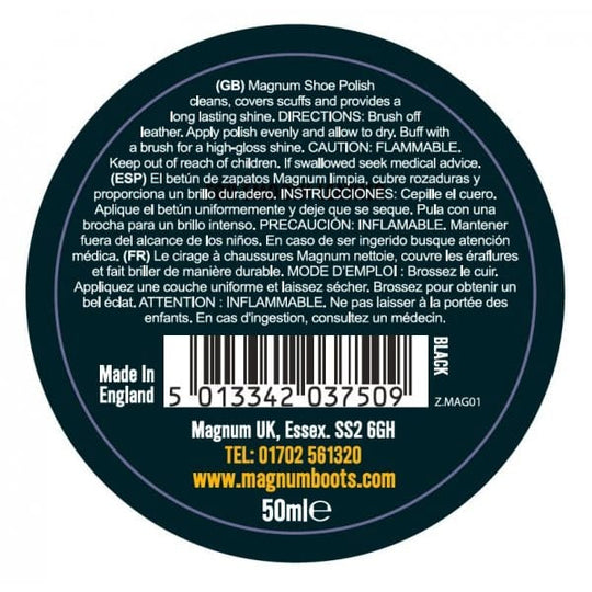 Magnum Shoe Polish 50ml Black, circular container label detail view with product information and instructions.