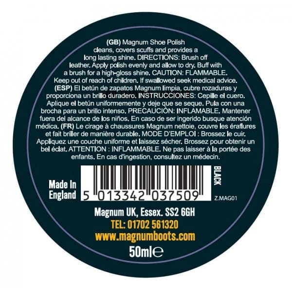 Magnum Shoe Polish 50ml Black, circular container label detail view with product information and instructions.